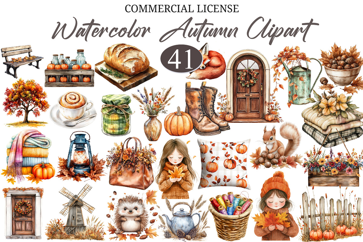 Watercolor Autumn Clipart Bundle, a Seasonal Illustration by designcity5 (Photo 1 of 5)