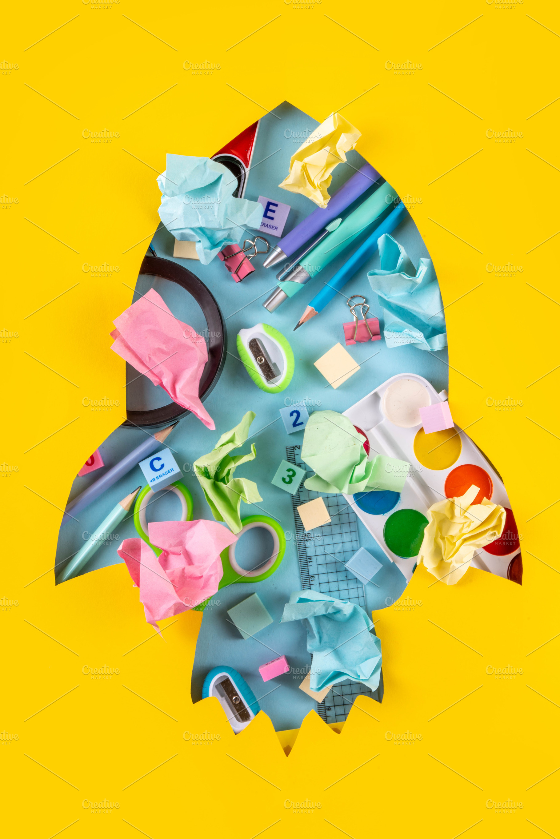 Back to school Background with Rocket with School Supplies, a School & Education Photo by Rimma