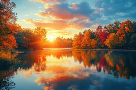 Sunset over autumn lake reflecting v, a Photo by Iftikhar Alam