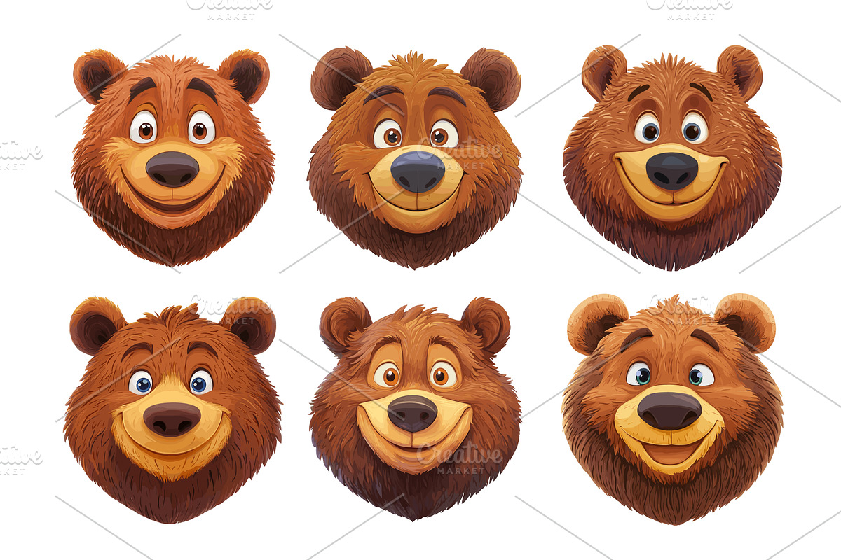 Cartoon bear heads. Cute grizzly, an Animal Illustration by Stock-Smart-Start