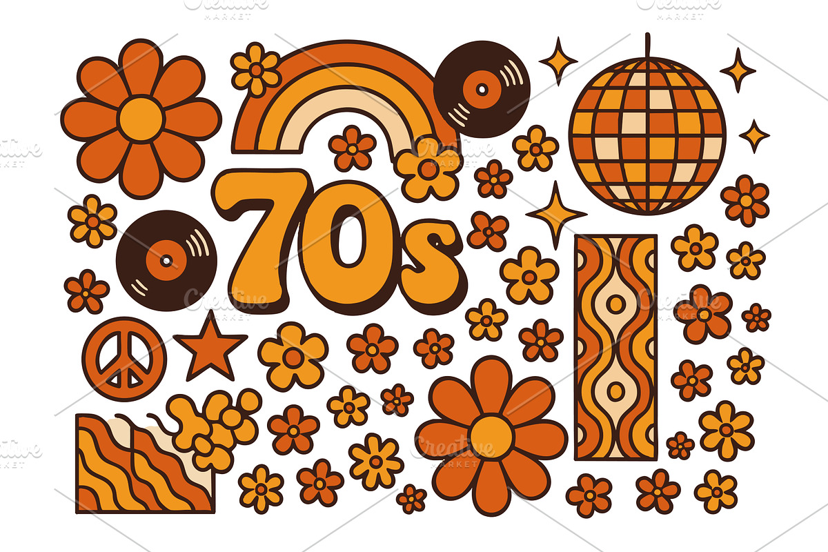 Retro 70s Style Icons with Flowers, an Illustration by AlexArt