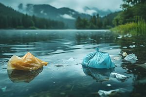 Pollution in mountain lake with plas, an Industrial Photo by Photostock