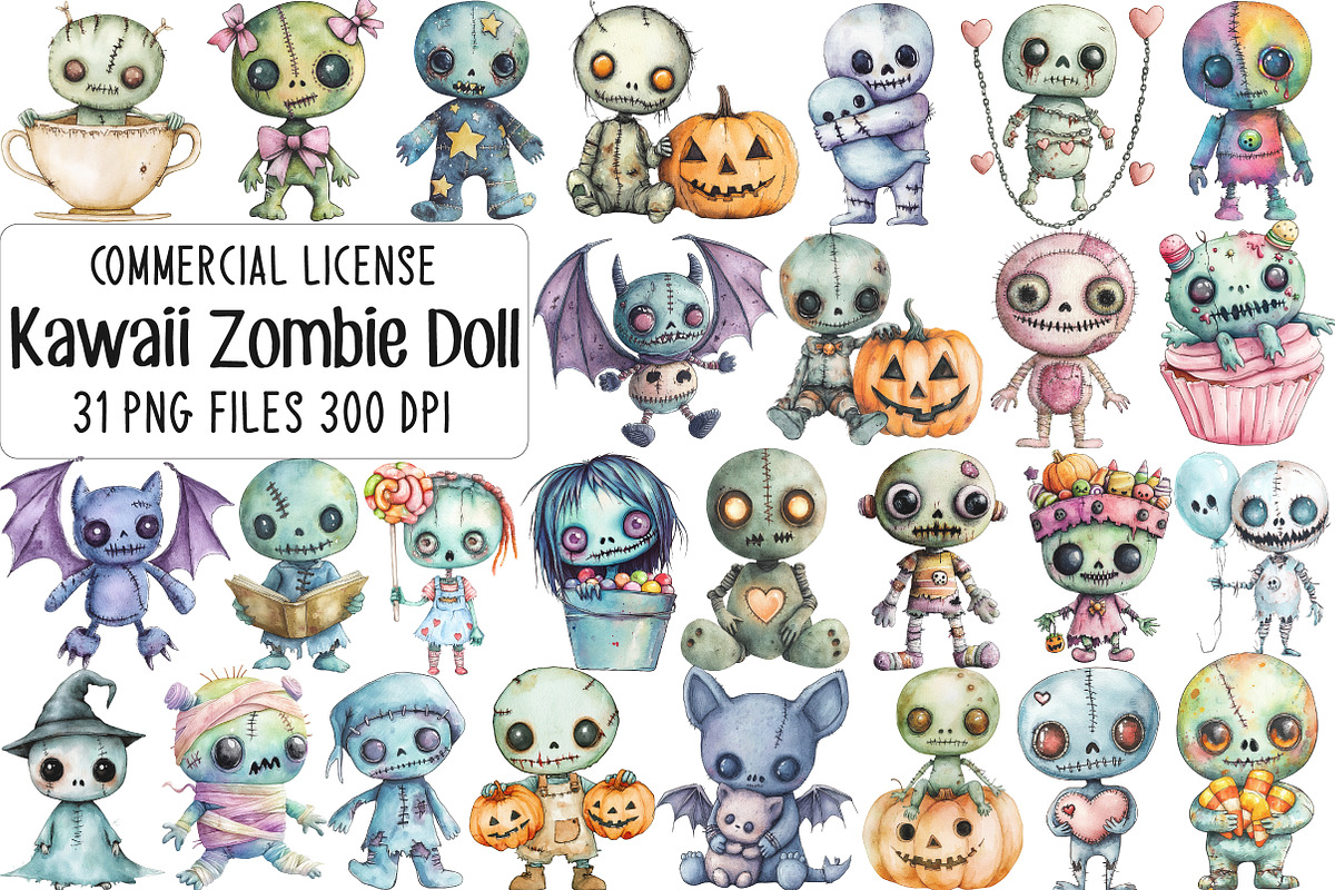 Cute Kawaii Zombie Doll Clipart, an Illustration by CraftArtStudio (Photo 1 of 6)