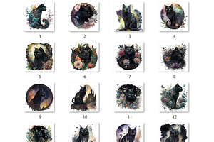 Watercolor Fantasy Black Cat Clipart