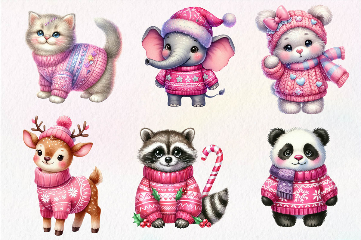 Pink Animals Christmas Clipart, an Illustration by Dream Creation (Photo 2 of 7)
