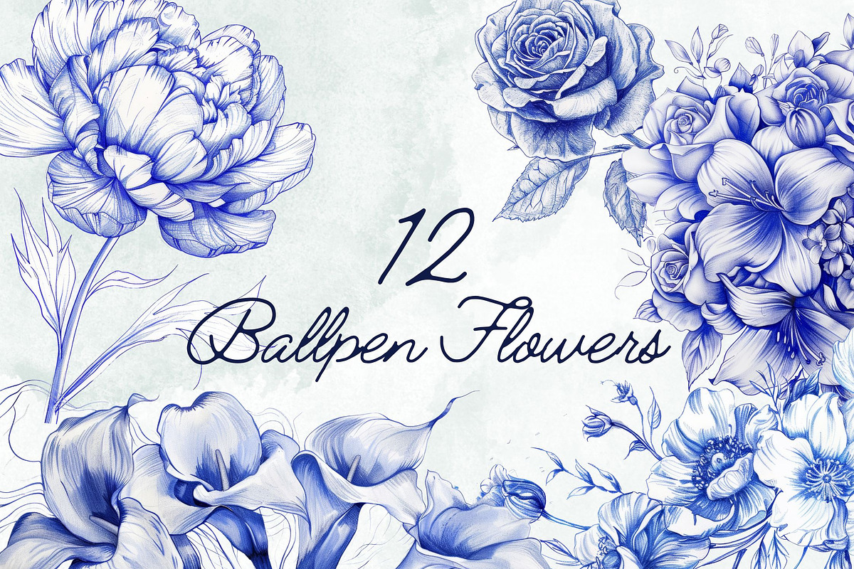 12 Ballpen Flower Illustrations PNG, a Decorative Illustration by Loony Dream Designs (Photo 1 of 5)
