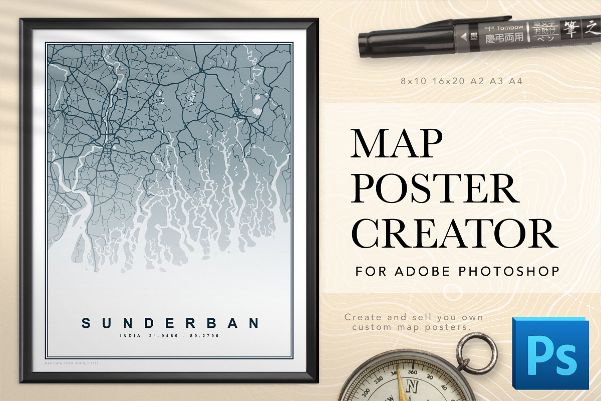 Map Poster Creator for Photoshop, a Plug-in Add-On by Drifter Studio (Photo 1 of 8)