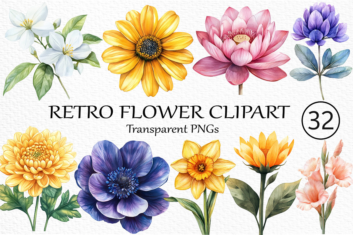 Watercolor Retro Flower Clipart, an Illustration by Craft Nest (Photo 1 of 6)