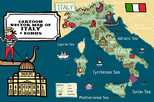 Cartoon vector map of Italy +bonus