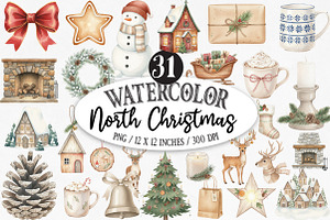 North Christmas Watercolor Clipart, an Illustration by Designking