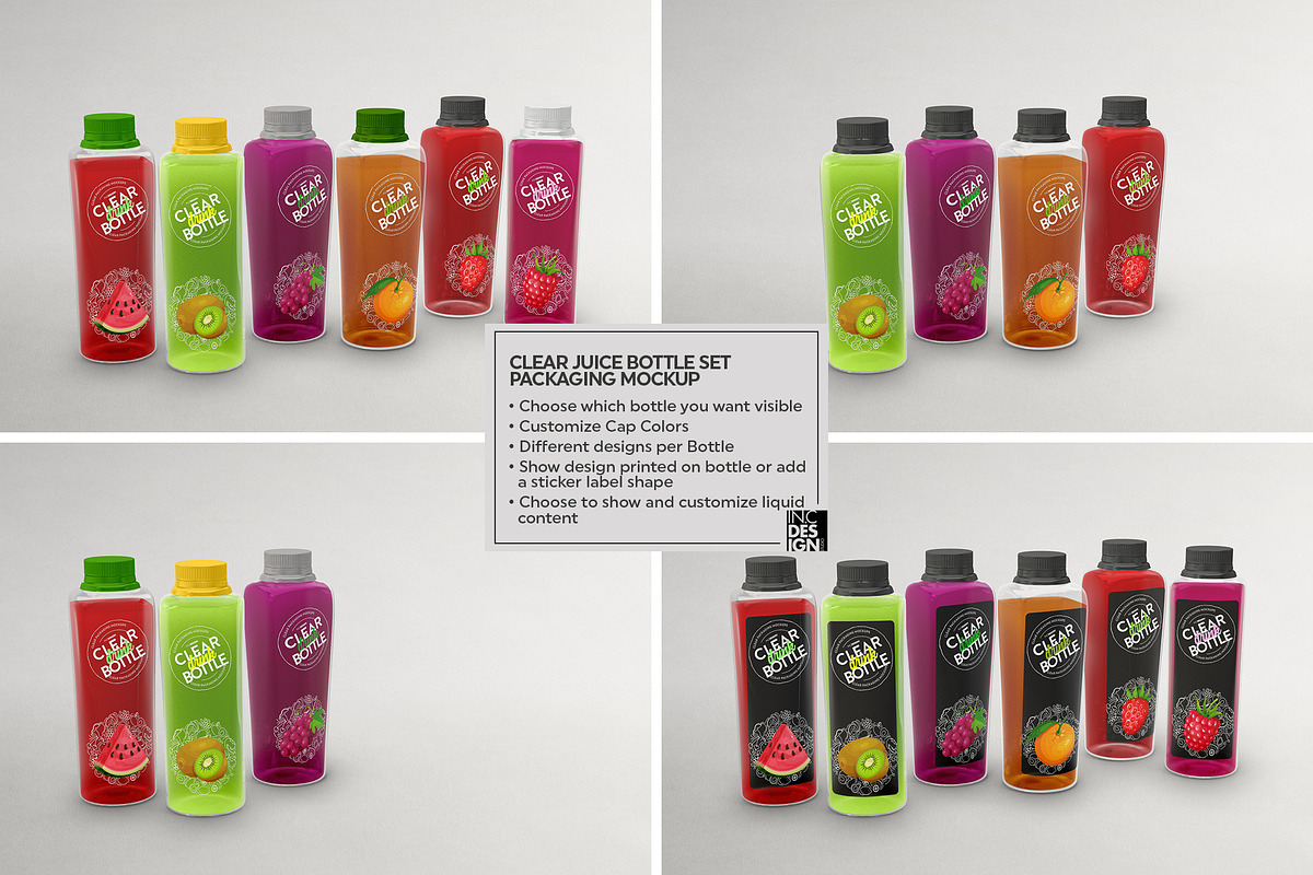 Clear Juice Bottle Sets Mockup, a Packaging Mockup by INCDesign (Photo 7 of 10)