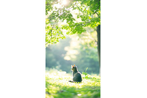 Serene cat relaxing in sunlit forest, an Animal Photo by Lermont51