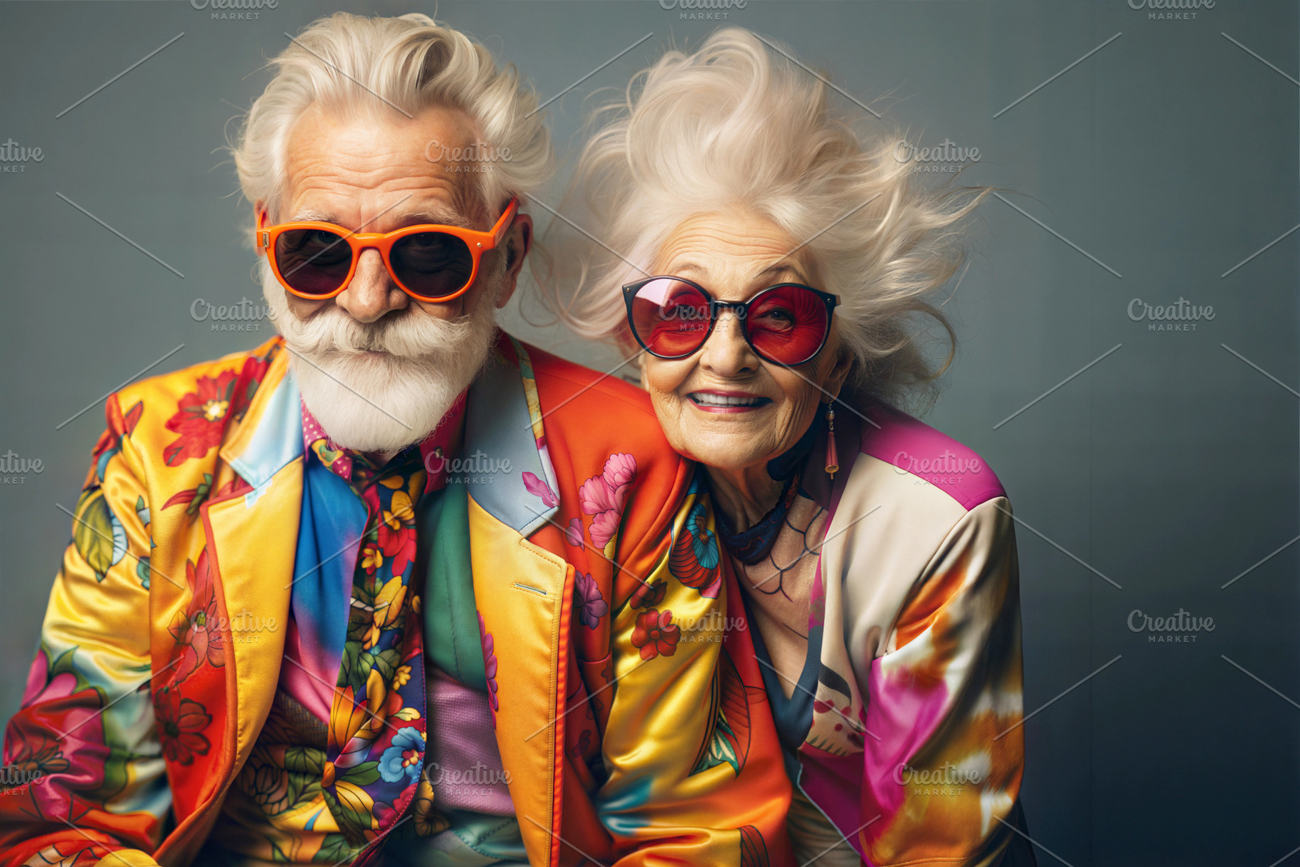 Elderly couple in colorful outfits and sunglasses posing joyfully., a Person Photo by ImageMir