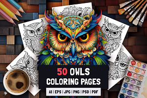 50 Owls: Anti-stress Coloring Pages