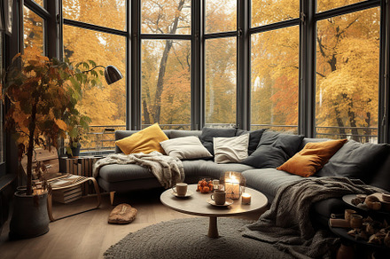 Scandinavia interior with big windows and autumn season. Generative AI, an Arts & Entertainment Photo by AlyaAnd