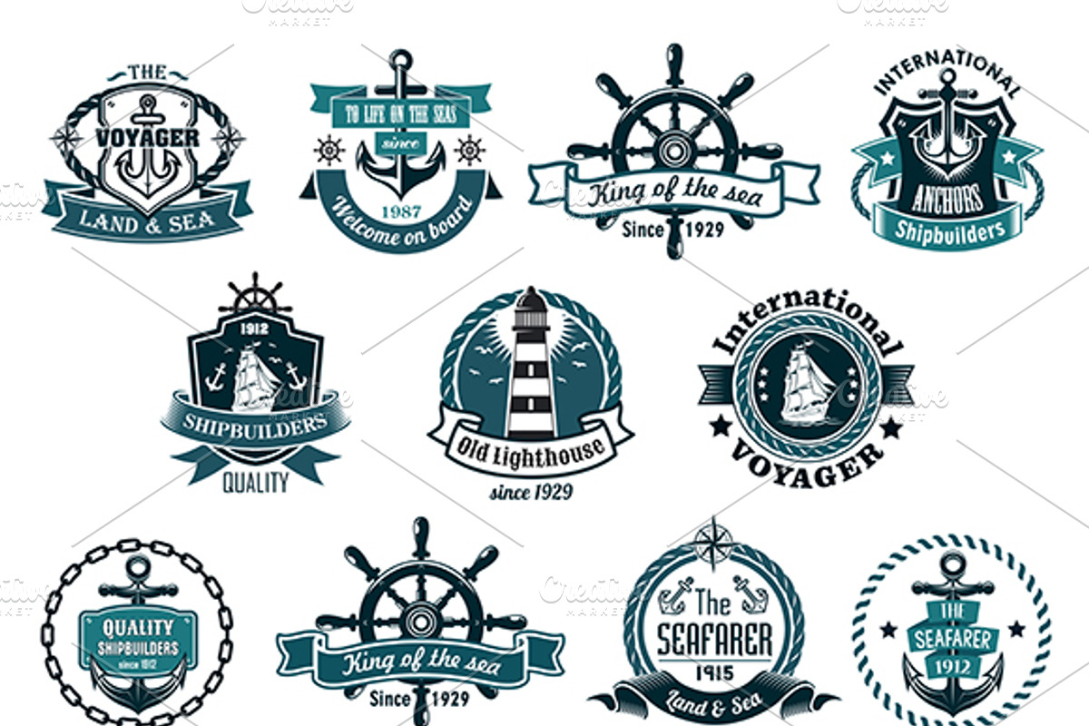 Dark blue nautical labels and icons