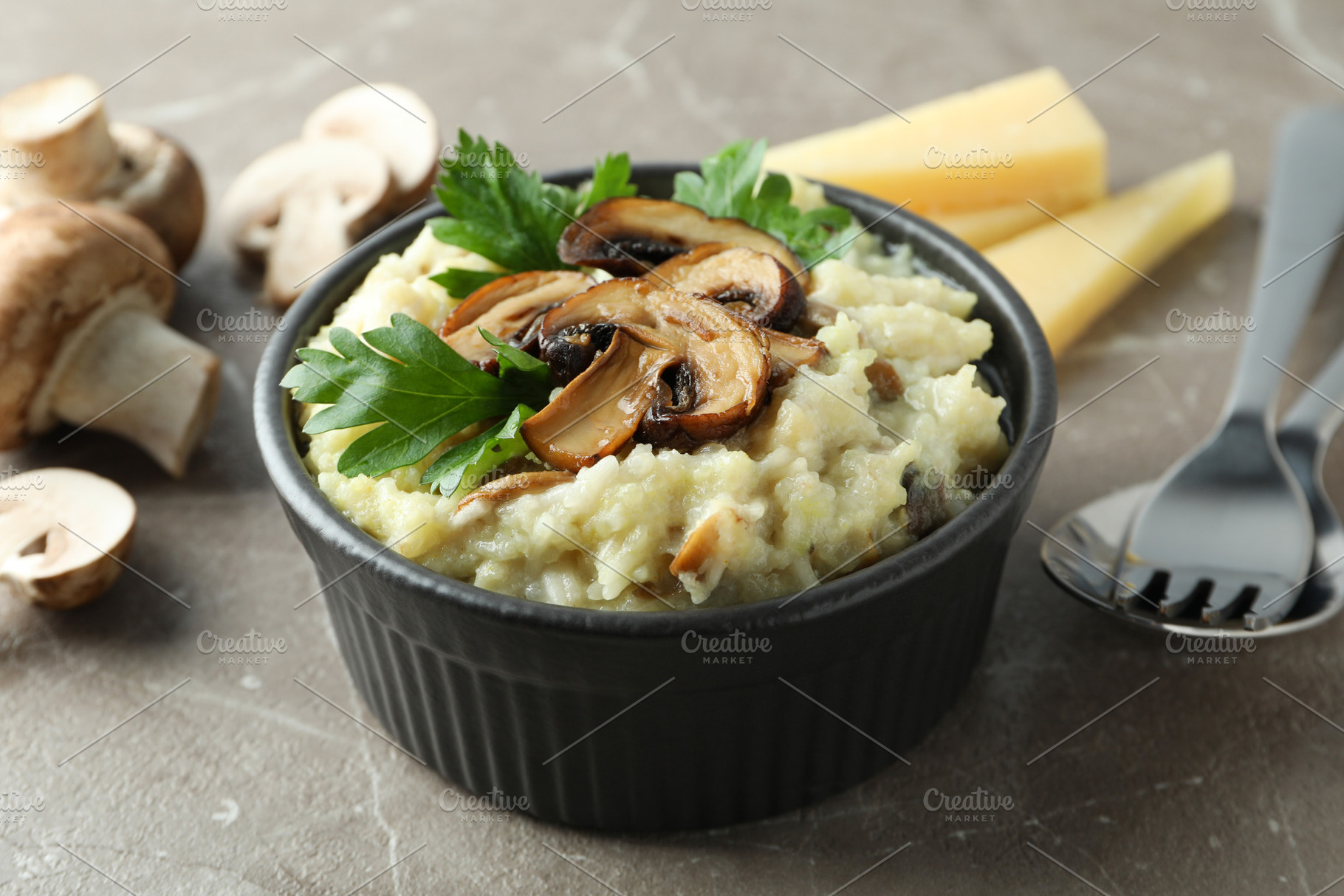 Concept of tasty food with risotto with mushrooms, close up, a Background Photo by AtlasStudio PRO