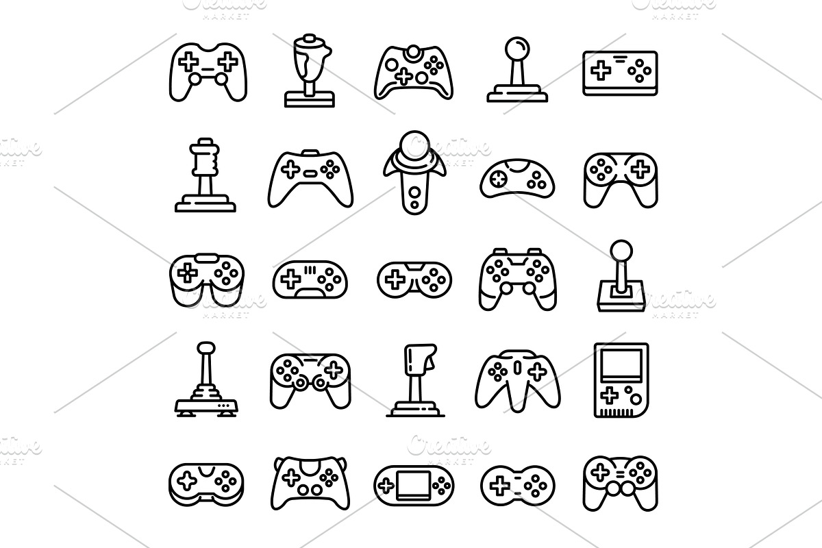 Joystick icons set, outline style, a Technology Illustration by Ylivdesign