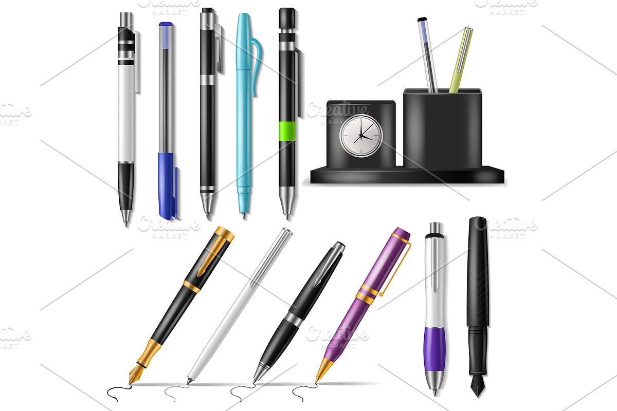 Pen vector office fountainpen or business ballpoint ink and sign of ...