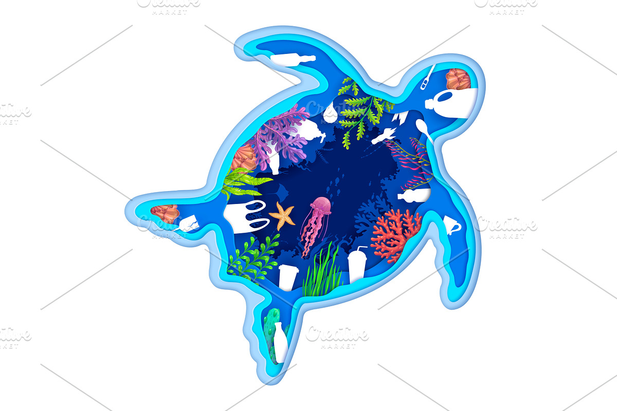 Save the ocean paper cut turtle, an Animal Illustration by Vector Tradition