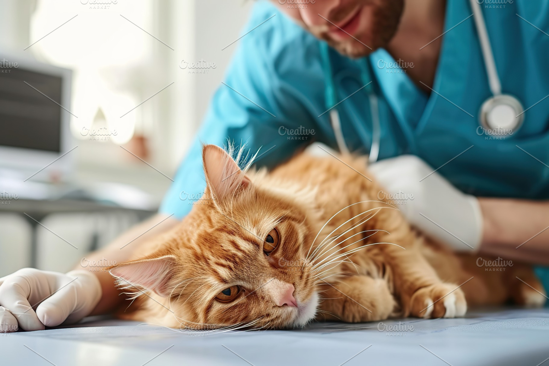 Young man vet checkup sick cat in vet clinic, an Animal Photo by AlyaAnd