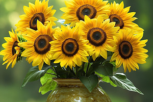 Bright sunflowers in a ceramic vase set against a green backdrop during daytime, a Nature Photo by AlyaAnd