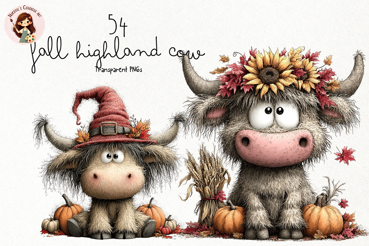 Fall Highland Cow PNG Clipart Bundle, an Animal Illustration by Nicolle's Colorful Art (Photo 1 of 5)