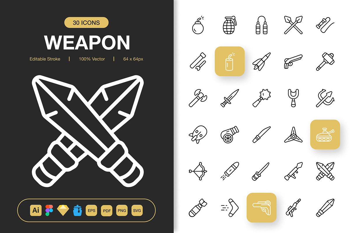 Weapon Icons, an Outline Icon by Spacepixel Creative