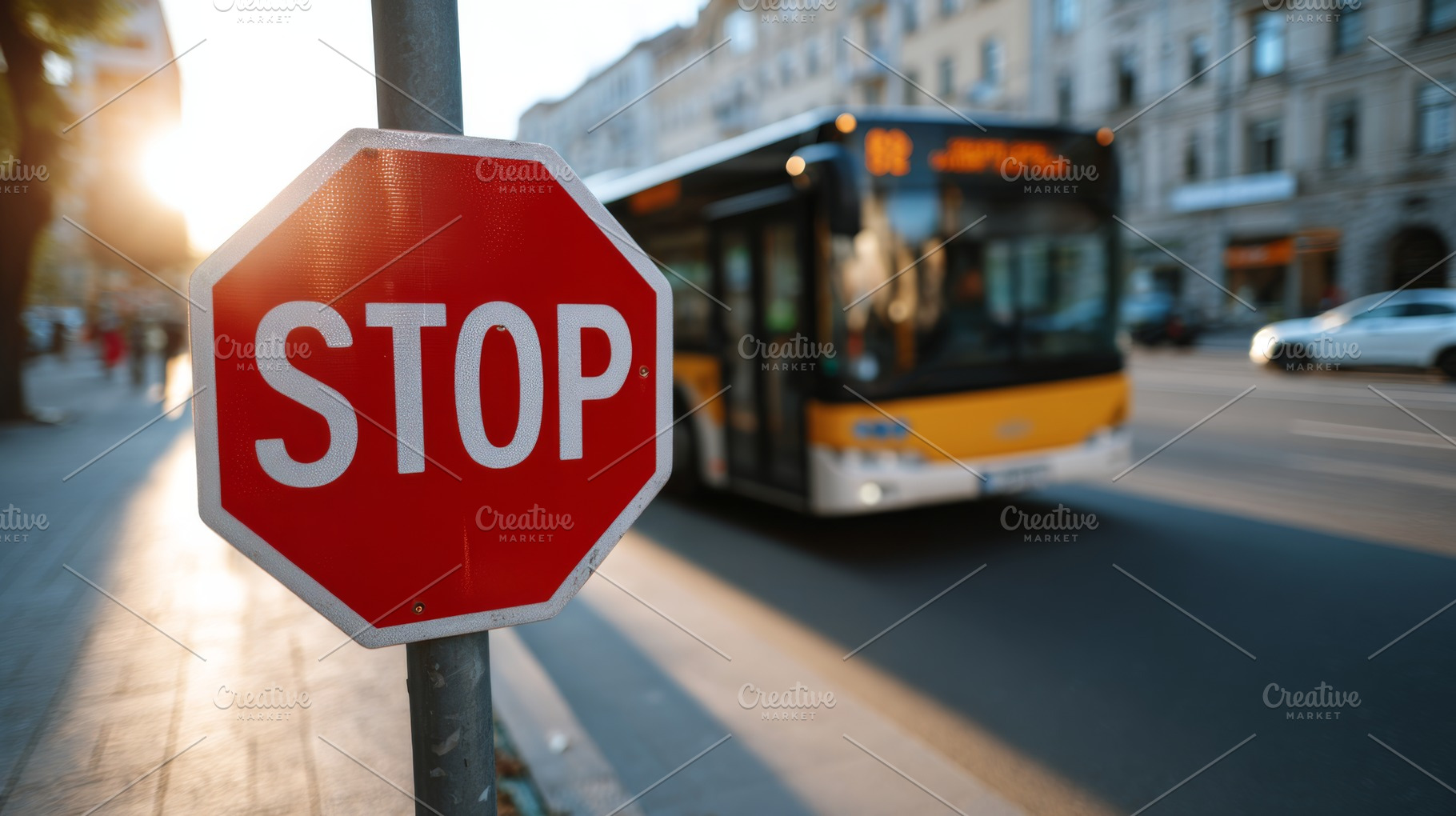 A stop sign in focus as a public bus passes by, capturing the hustle and bustle, a Person Photo by ImageMir