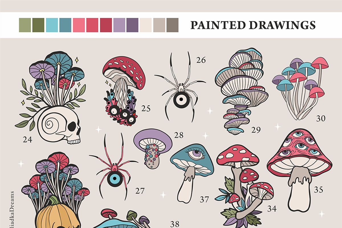 Retro mushrooms and skulls clipart, an Illustration by Siriliadka Dreams (Photo 6 of 9)