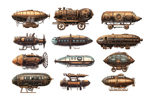 Cartoon steampunk vehicles. Airships, a Transportation Illustration by Stock-Smart-Start