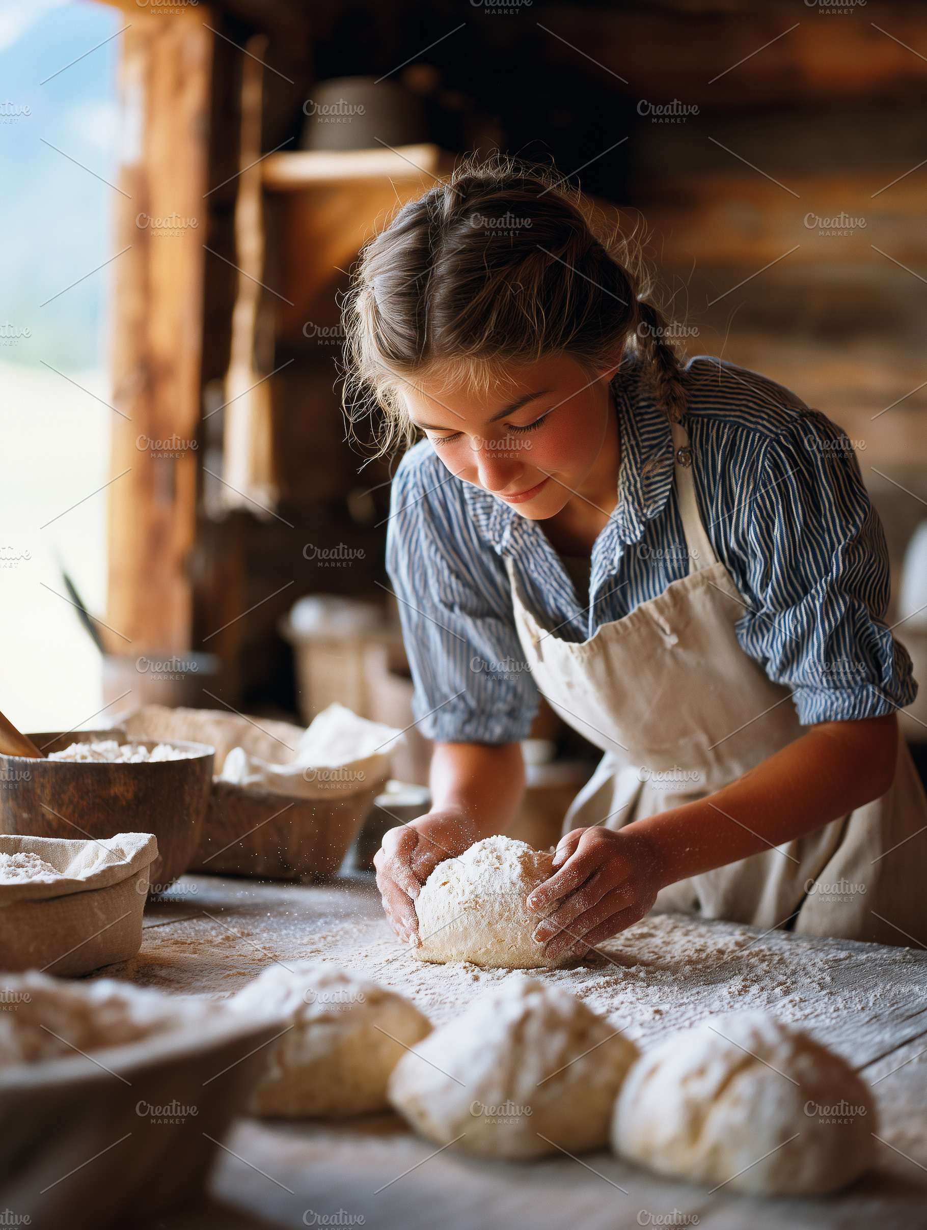 Young girl kneading fresh dough, a Food & Drink Photo by MistyDay