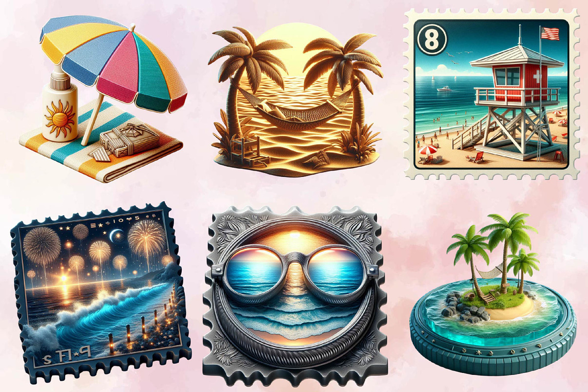 Summer Beach Postage Stamp Bundle, an Illustration by SVGArt (Photo 2 of 8)