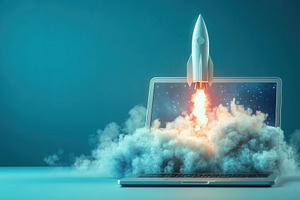 Rocket launches from laptop screen, a Photo by Pavel_design