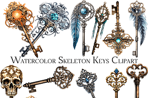 Watercolor Skeleton Keys Clipart, an Object Graphic by ArtisticTimberStudio