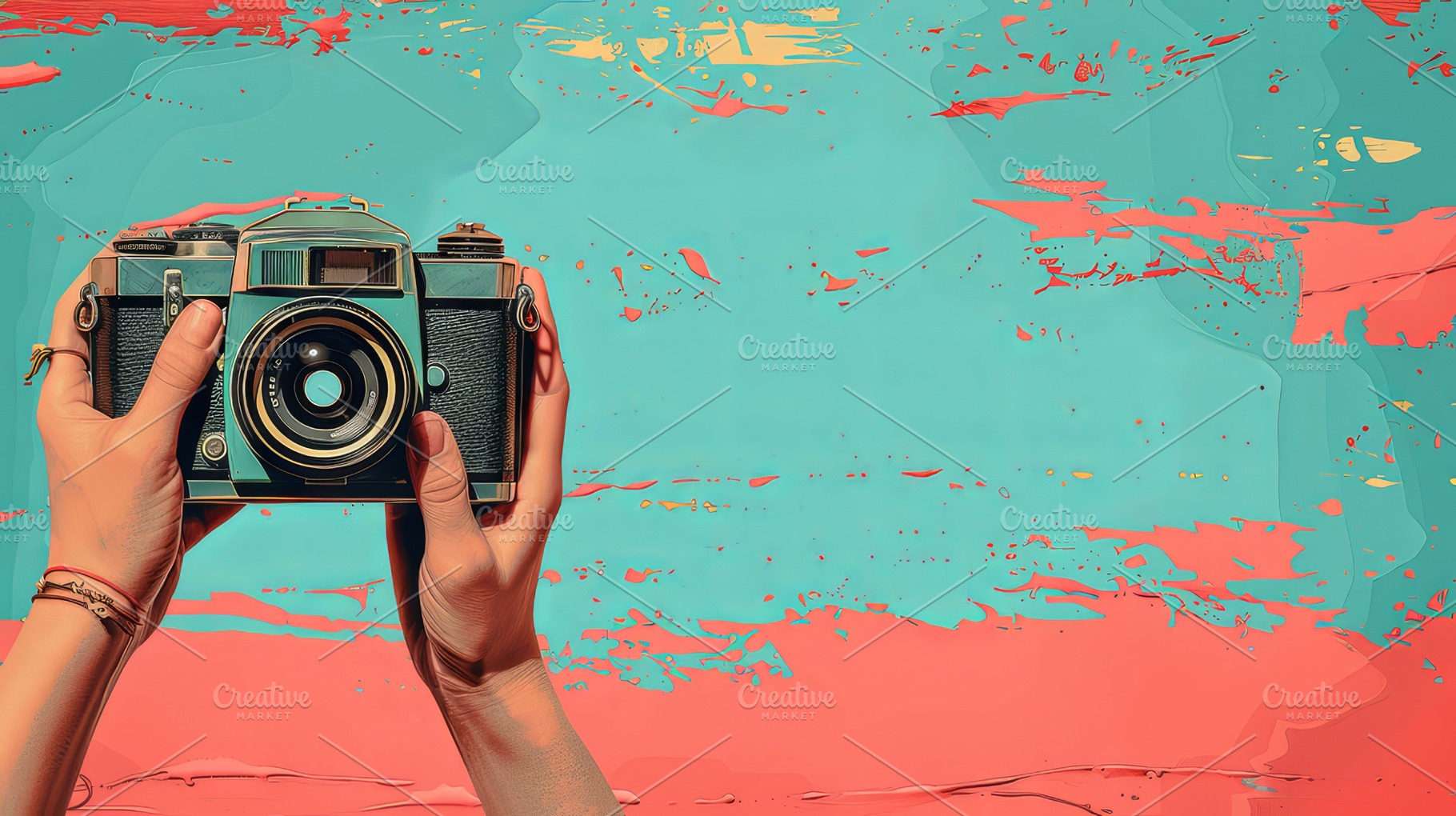 Stylish Hands Holding a Vintage Camera Against a Vibrant Turquoise and Coral Ba, a Photo by AS photostudio