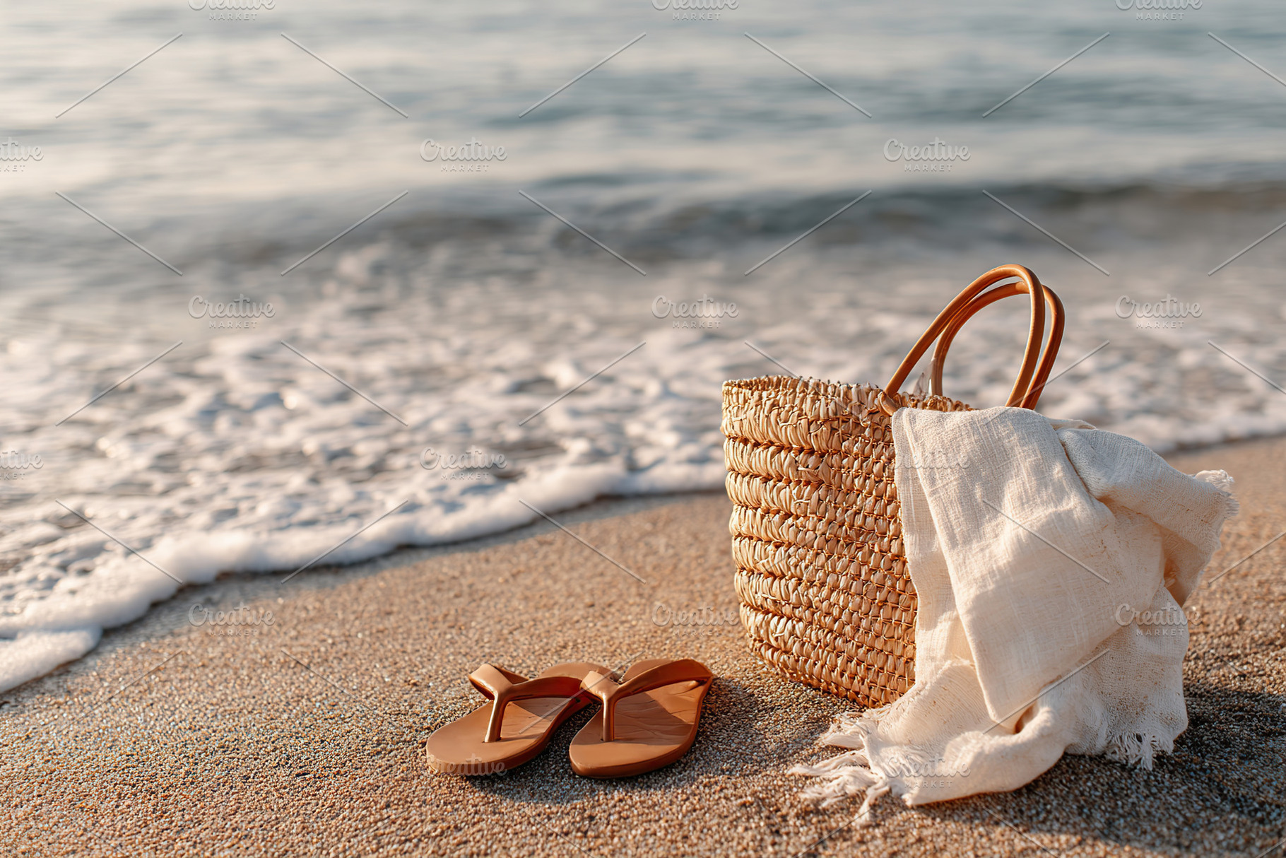 Relaxing morning at the beach with a straw bag and sandals by the waves, a Photo by AlyaAnd