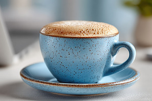 Close Up of Frothy Coffee in Blue Ceramic Cup on Desk with Soft, a Food & Drink Photo by José Manuel Gelpi