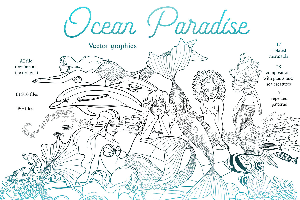 Ocean Paradise - vector mermaids, an Animal Illustration by Ekaterina Glazkova (Photo 1 of 5)