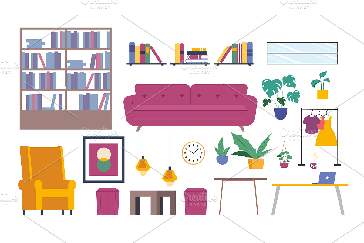 Living room furniture set. Isolated, an Object Illustration by LadadikArt