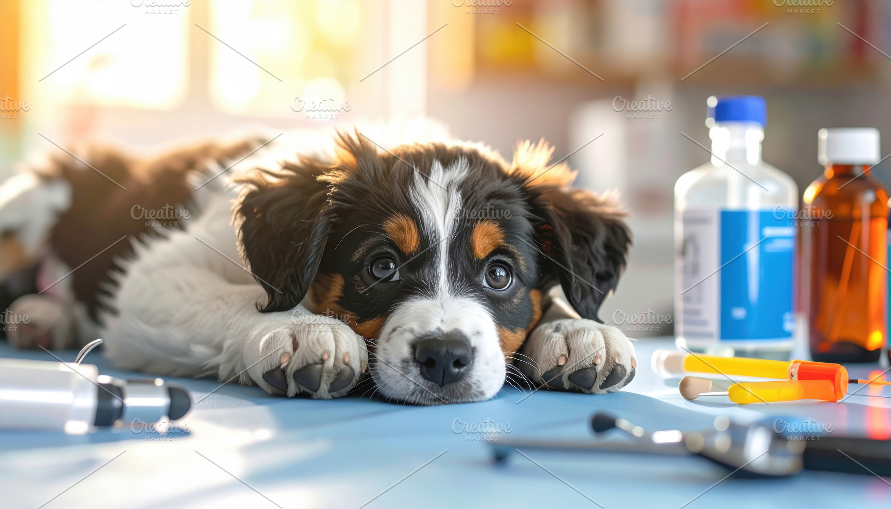 Puppy at Veterinary Clinic with Medical Tools, an Animal Photo by Davizro's Market