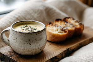 Ceramic mug of creamy soup topped, a Food & Drink Photo by MistyDay