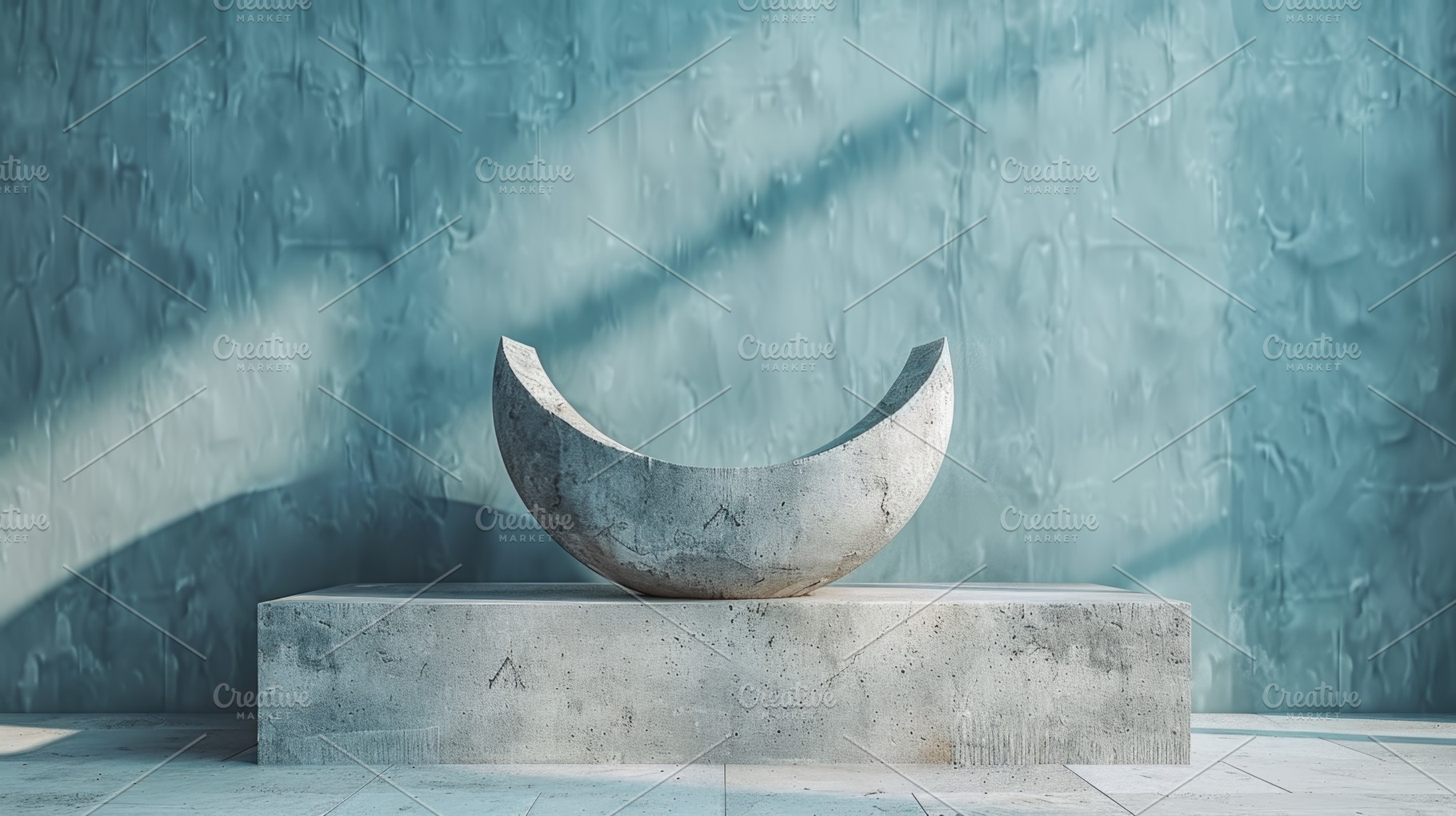 Minimal Concrete Podium With Abstract Crescent Sculpture on Blue, a Background Photo by José Manuel Gelpi