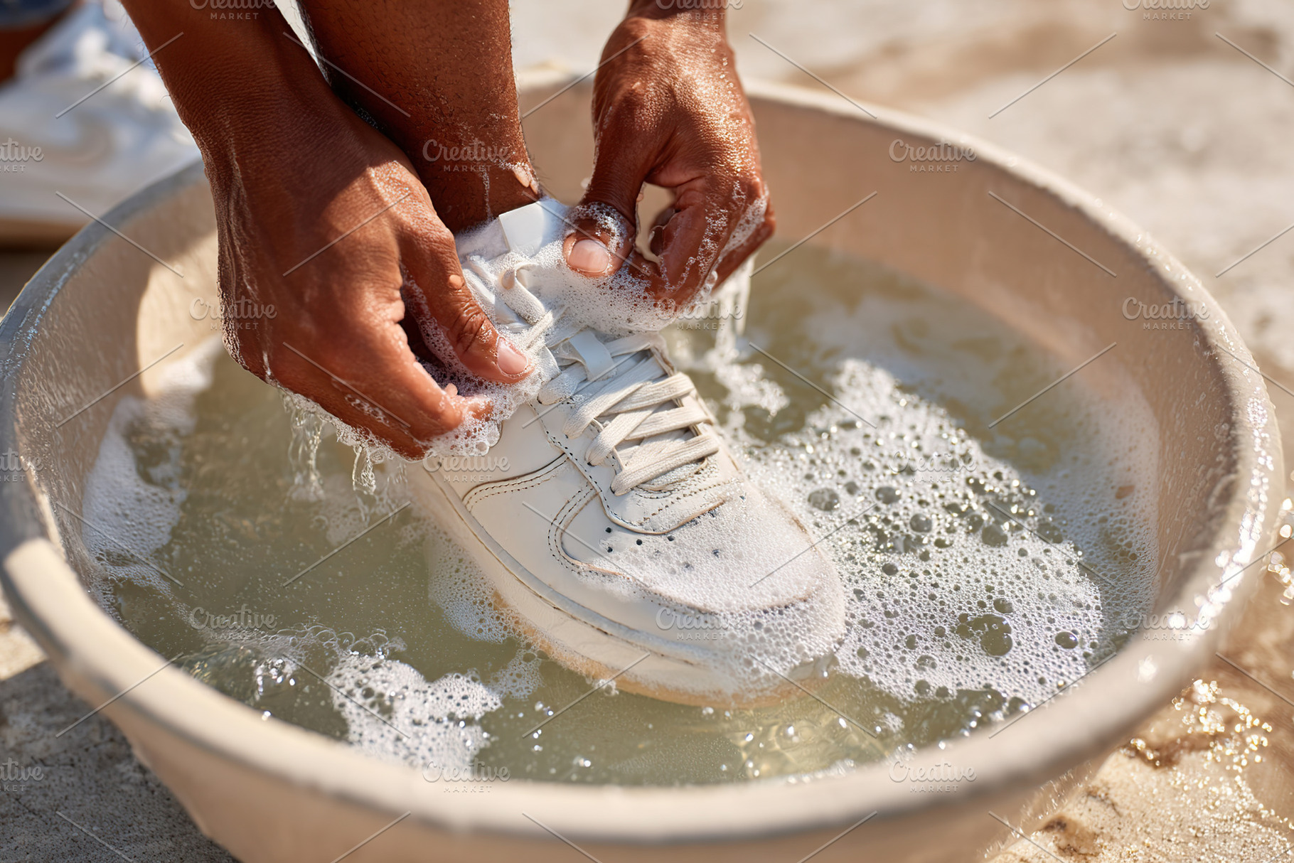 Washing white sneakers in a basin filled with soapy water outdoors, a Photo by AlyaAnd