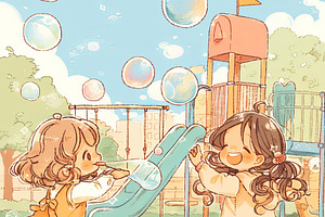 Children playfully enjoying bubbles in a colorful park on a sunny day, a Photo by AS photostudio