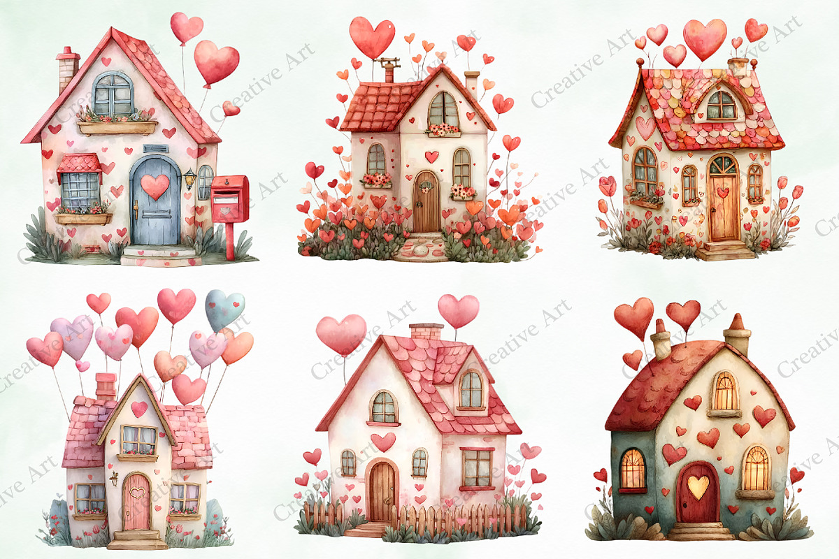 Watercolor Valentine House Clipart, an Illustration by Creative Art (Photo 2 of 9)