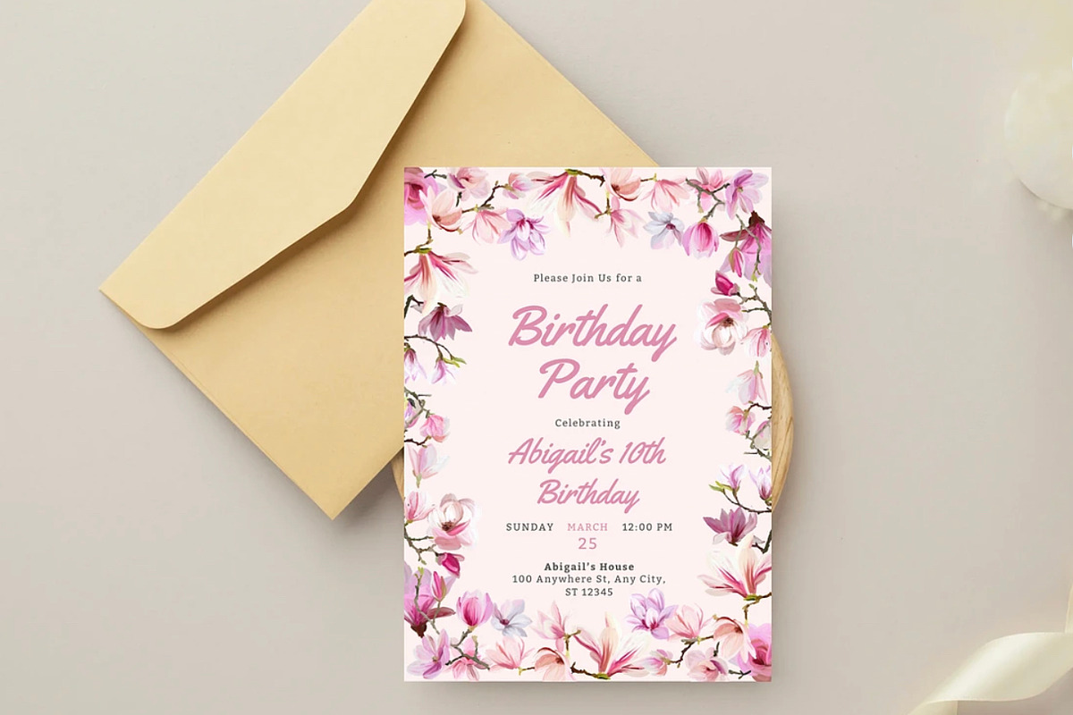 Pink Floral Birthday Invitation, a Print Template by SweetDesigncraft