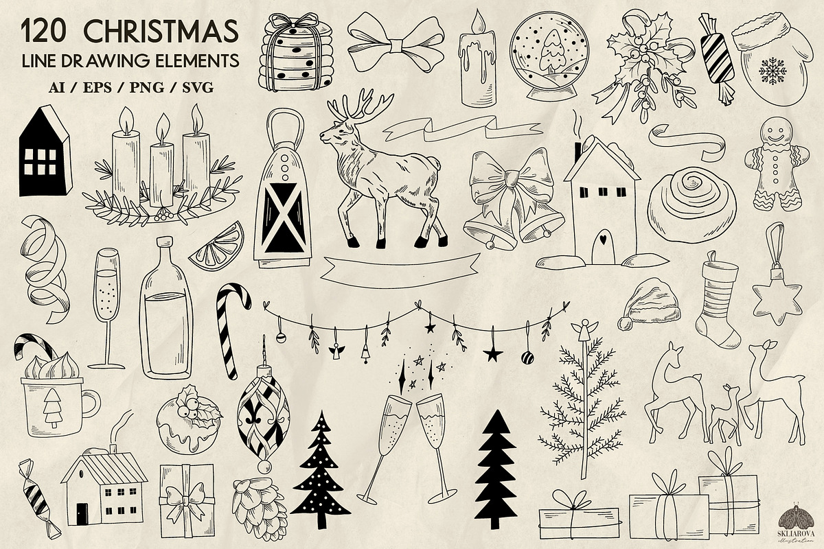 Christmas line drawing set + stamps, an Illustration by Skliarova (Photo 4 of 8)
