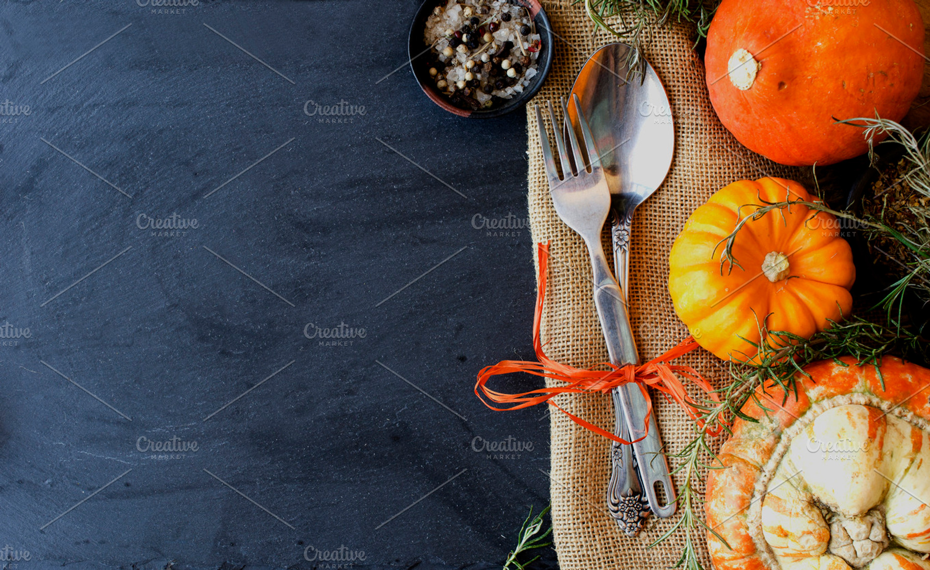 Seasonal wooden table setting with small pumpkins containing table, a Food & Drink Photo by Wild Drago Shop