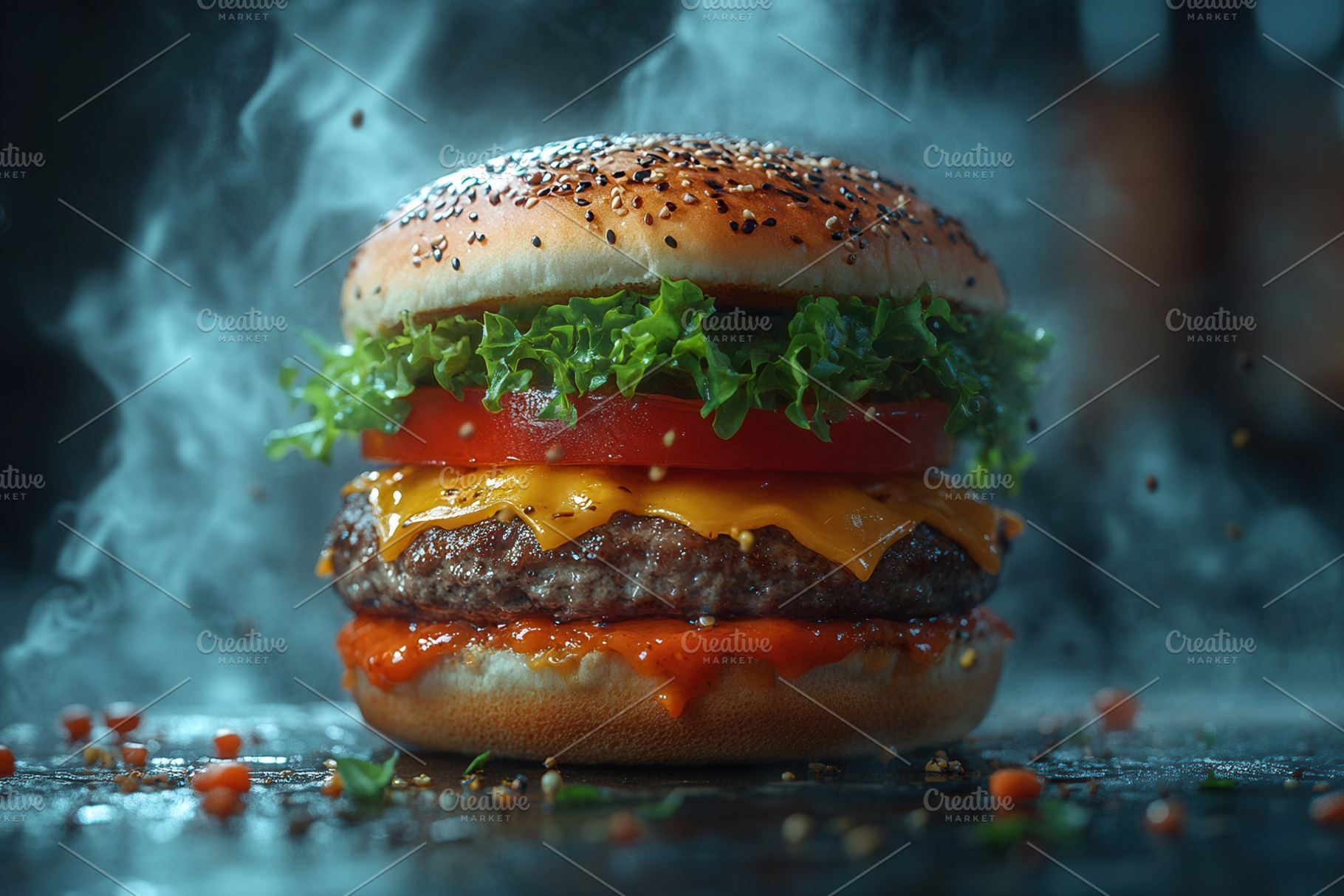 Juicy cheeseburger with fresh vegeta, a Photo by Tanuart